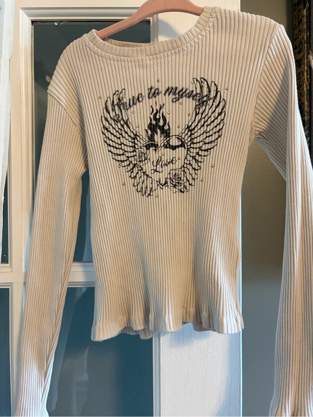Zara Kids Cream Ribbed Long-Sleeve Tee with Winged Heart Graphic